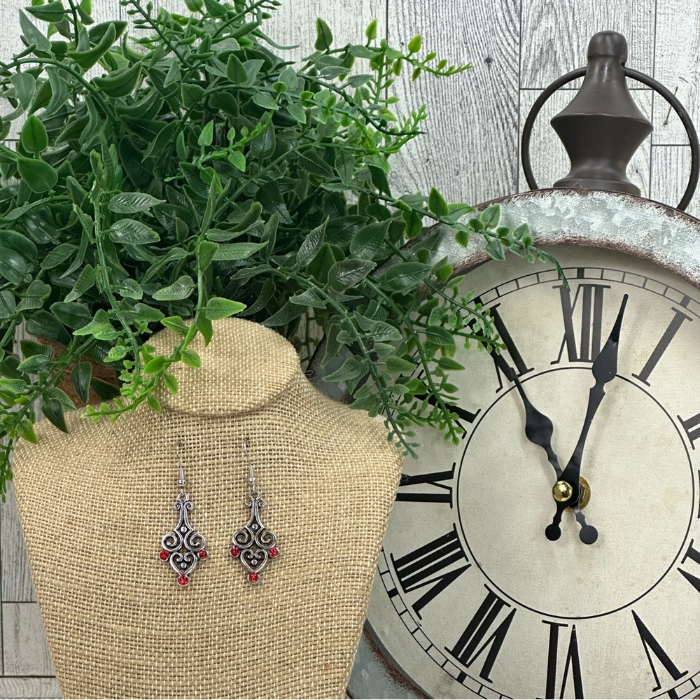 UP SCALE TIME - Red Faceted Resined Crystal 
Silver Tone Dangle Earrings